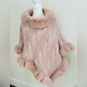 Cozy Pink Cable Knit poncho Sweater with faux fur One size Valentine’s Day